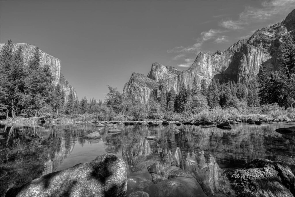 Black & White image of the Merced River, Yosemite