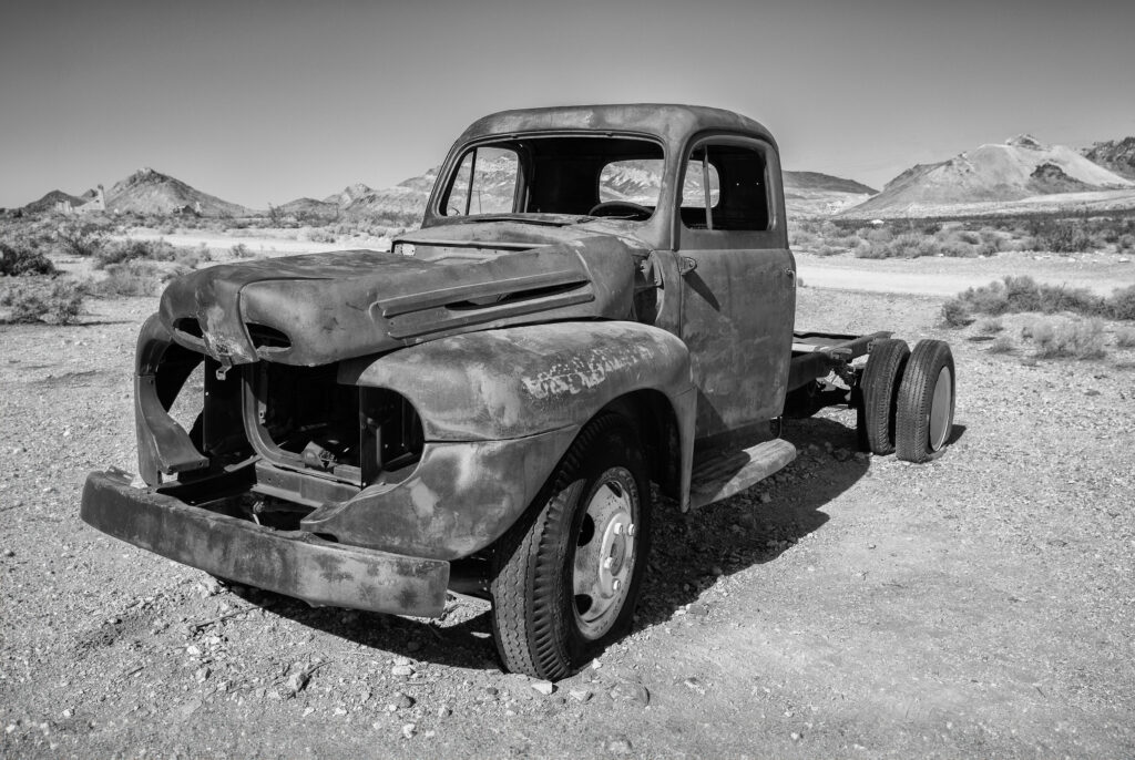 Landscape. Black & White Image of a Abandoned Truck, Death Valley